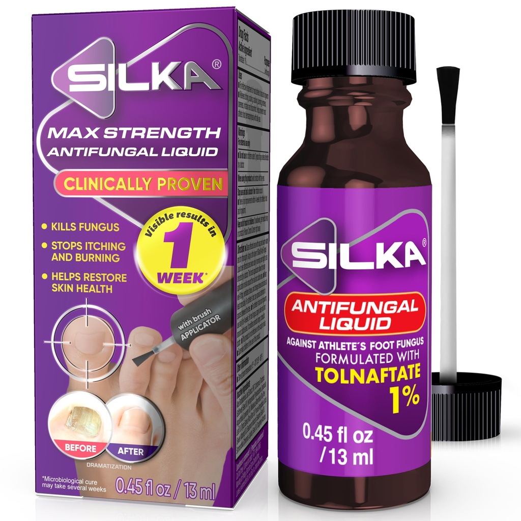 SILKA Max Strength Antifungal Liquid for Toenail Sundhed med Brush Applikator, Resultater i 1 uge, Negle svamp Behandling for beskadigede Toenails, Atlete 's Foot Treatment, Tolnaftate 1% 0,45 Fl Oz