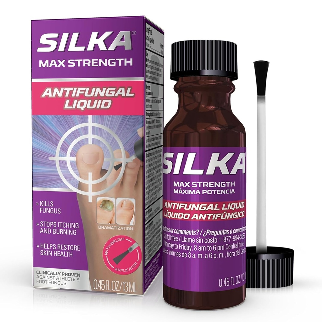 SILKA Max Strength Antifungal Liquid for Toenail Sundhed med Brush Applikator, Resultater i 1 uge, Negle svamp Behandling for beskadigede Toenails, Atlete 's Foot Treatment, Tolnaftate 1% 0,45 Fl Oz