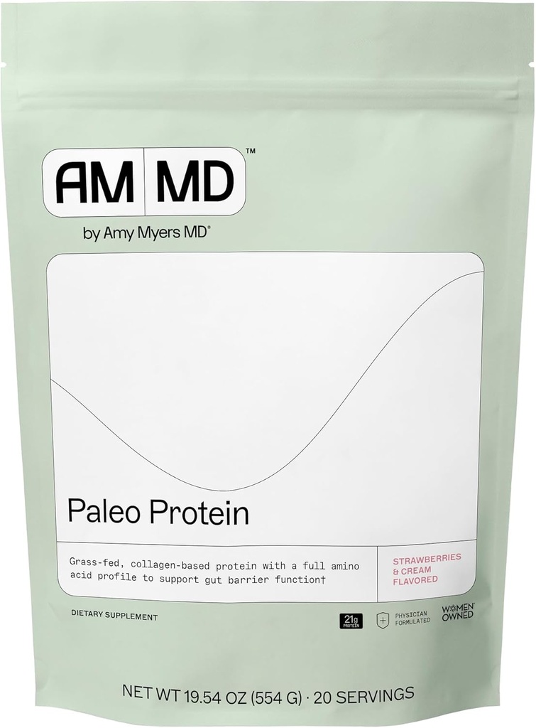 Amy Myers MD Paleo Protein Powder - Jordbær og fløde, 20 Servering - Collagen- Based Gut Function Support - Gluten- Free & Non- Dairy Protein Supplement