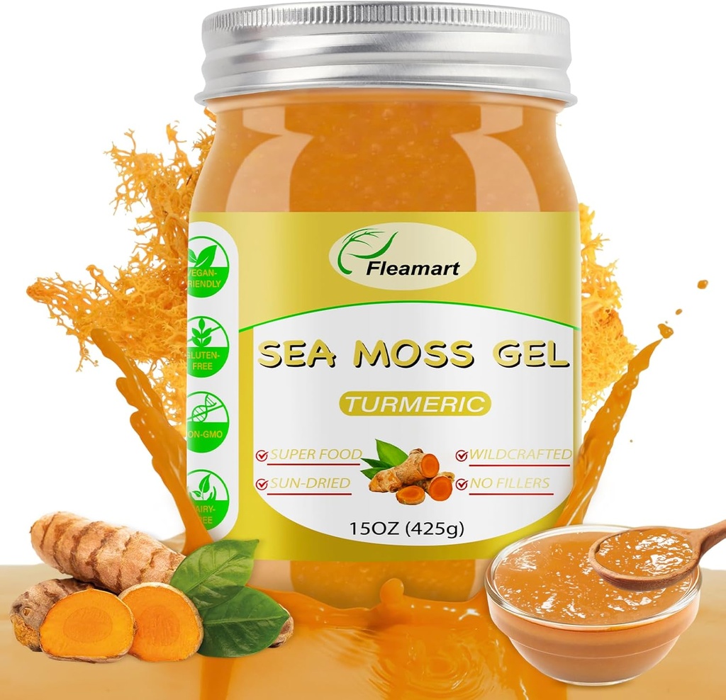 15OZ Natural Wildcrafted Raw Sea Moss Gel for immunforsvar, sund fordøjelse, Thyroid Support Wildсrafted Gold Sea Moss Gel Rich in Minerals, Proteins & Vitaminer, gurkemeje