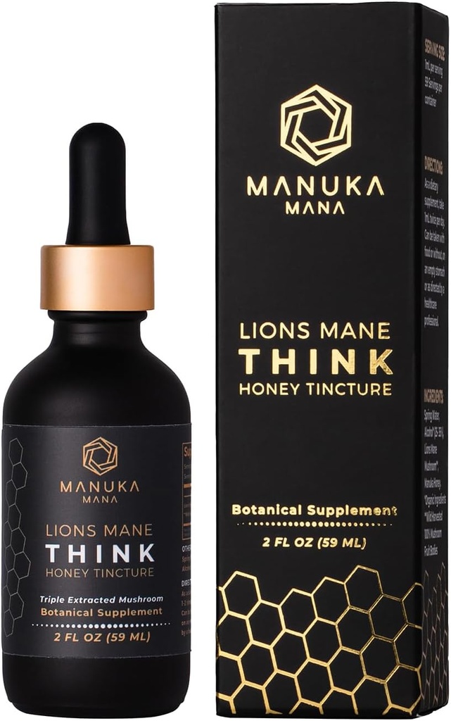 Lions Mane Think Honey Tincture USA Wild Harfted Lions Mane, Triple Extracted Tincture, Manuka Honey (MGO 150 +), 100% Fruiting Body, 2 fl oz (60 Servere)