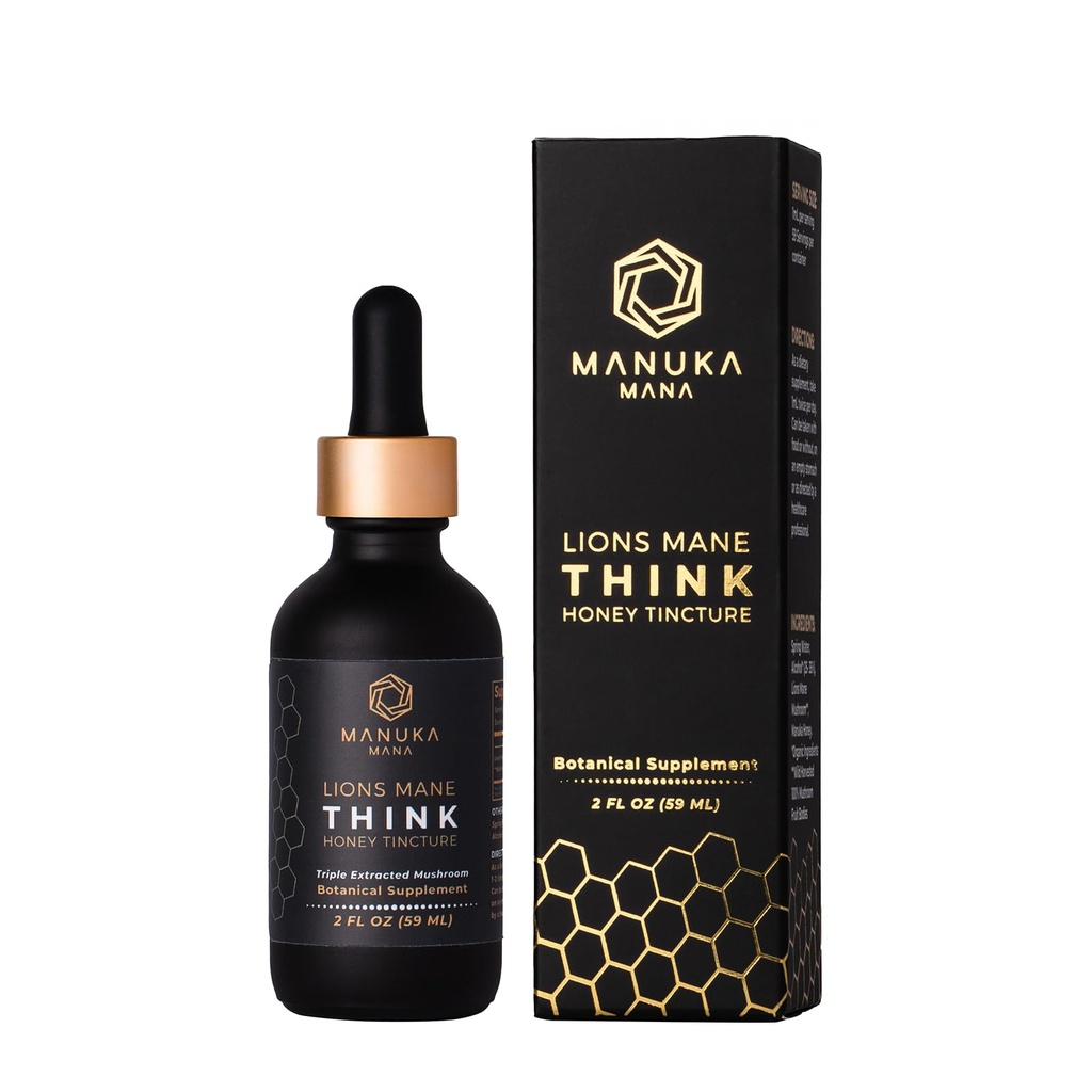 Lions Mane Think Honey Tincture USA Wild Harvested Lions Mane, Triple Extracted Tincture, Manuka Honey (MGO 150+), 100% Fruiting Body, 2 fl oz (60 Servings)