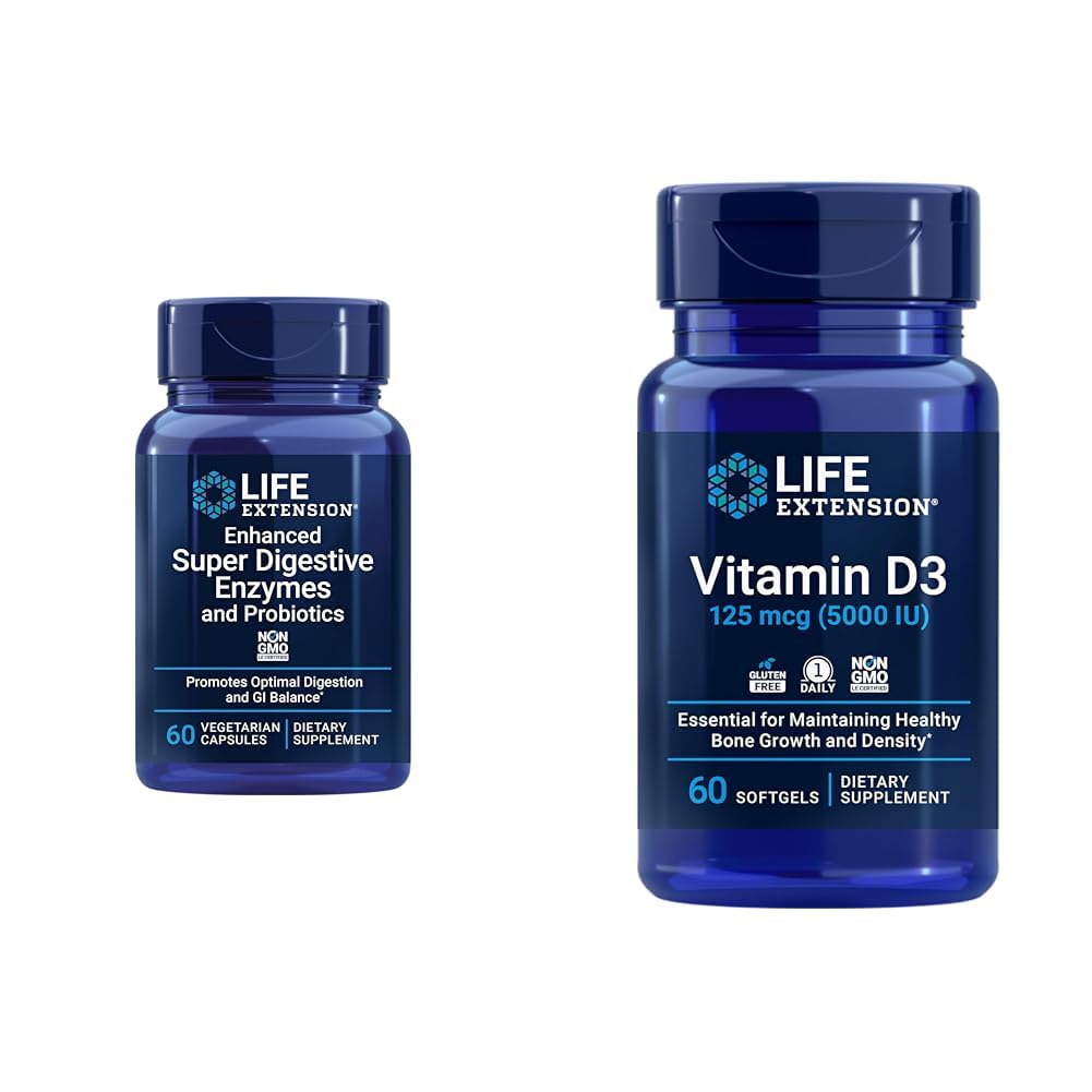 Life Extension 60- Count Super fordøjelsesenzymer & 5000 IE vitamin D3 kapsler til fordøjelse, ben, hjerne, immunforsvar
