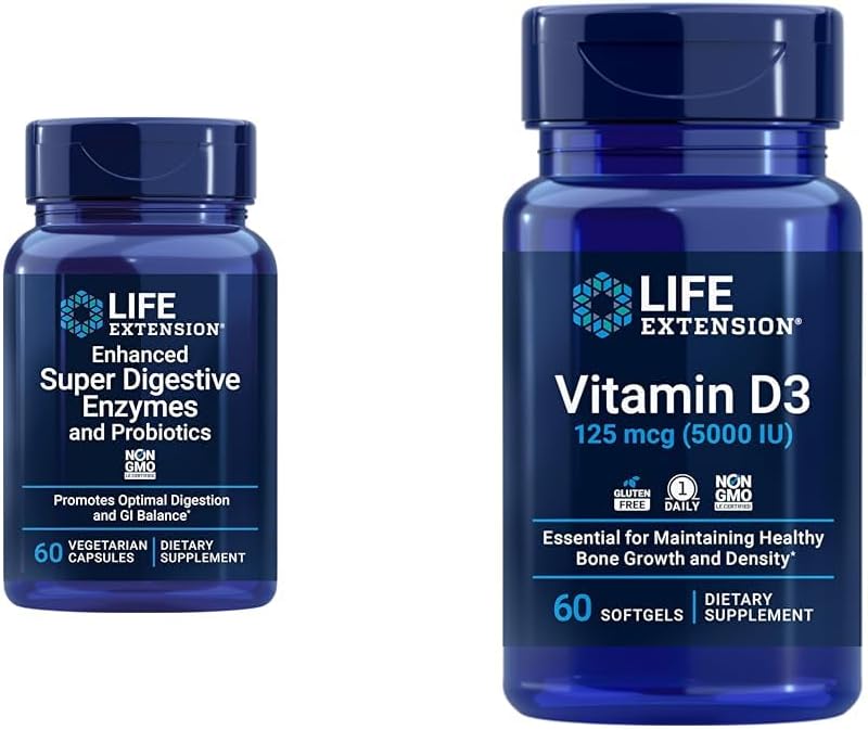 Life Extension 60- Count Super fordøjelsesenzymer & 5000 IE vitamin D3 kapsler til fordøjelse, ben, hjerne, immunforsvar