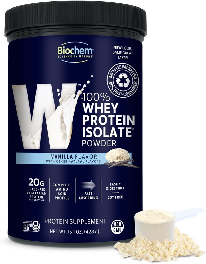 Biochem 100% Whey Isolate Protein - Vanilla Flavor - 15.1 Ounce - Understøtter immunsundhed - Nemt fordøjeligt - Forfriskende smag - 20g vegetarisk protein - Aminosyrer