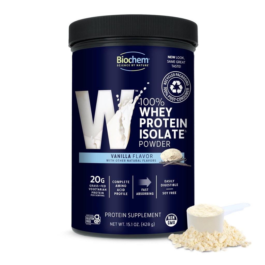 Biochem 100% Whey Isolate Protein - Vanilla Flavor - 15.1 Ounce - Understøtter immunsundhed - Nemt fordøjeligt - Forfriskende smag - 20g vegetarisk protein - Aminosyrer