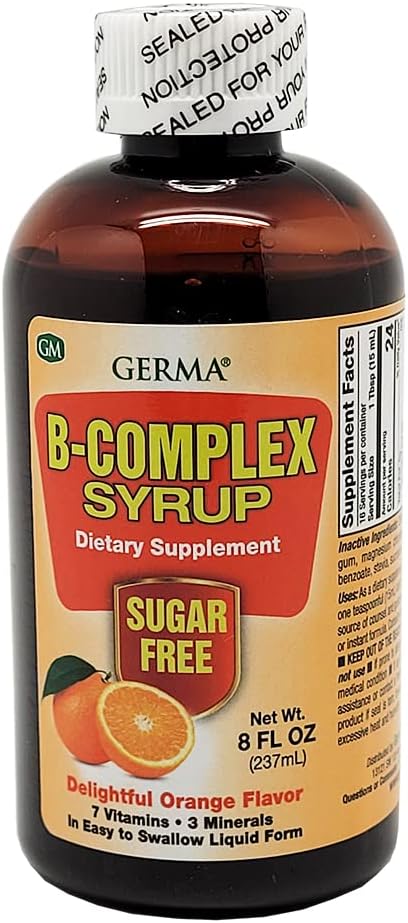 Germa B- Complex Syrup. Kosttilskud. Knoglesundheds-, vækst- og udviklingsstøtte. Sukkerfri. Orange Flavor. 8 oz