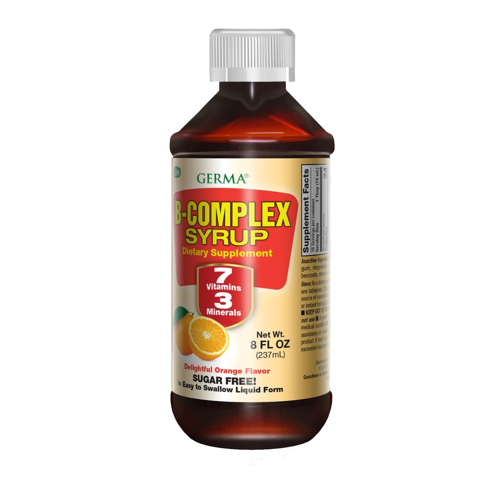 Germa B- Complex Syrup. Kosttilskud. Knoglesundheds-, vækst- og udviklingsstøtte. Sukkerfri. Orange Flavor. 8 oz