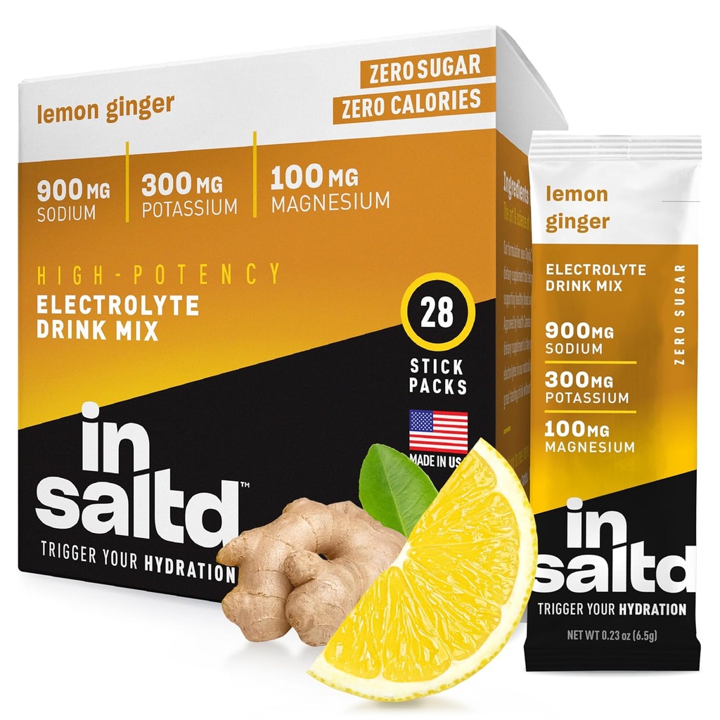 INSALTD ™ Sugar- Free Electrolytes Powder Packets with No Stevia Aftershage Mea124; High- Potency Hydration Packets Mea124; Keto Electrolyte Dricks Mea124; Intermittent Fasting Drink Mix Mea124; 28 Pack (Lemon Ginger)