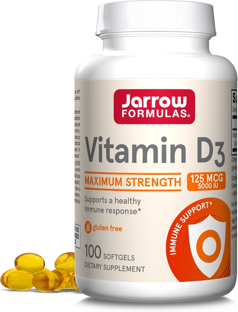 Jarrow Formulas Vitamin D3 125 mcg (5000 IE) - 100 Servere (Softgels) - Knoglesundhed, immunforsvar & Calcium Metabolisme Support - D-vitamin supplement - D3 Vitamin - 5000 IE D-vitamin - Gluten Free