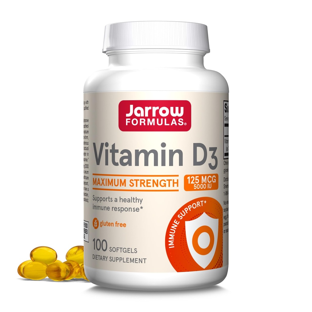 Jarrow Formulas Vitamin D3 125 mcg (5000 IE) - 100 Servere (Softgels) - Knoglesundhed, immunforsvar & Calcium Metabolisme Support - D-vitamin supplement - D3 Vitamin - 5000 IE D-vitamin - Gluten Free