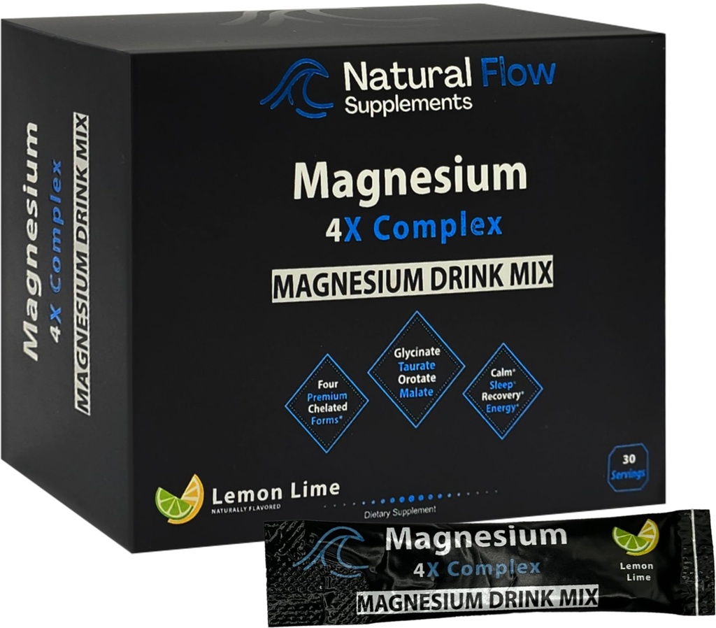 Magnesium pulver drikke mix pakker - Lemon / Lime - Natural Flow 4X Magnesium Glycinat, Taurat, Malat, Oroter Supplement, rolig søvn og krampe Support Blend, Ingen Mag Citrate eller Oxide, 30 Stick Pakker