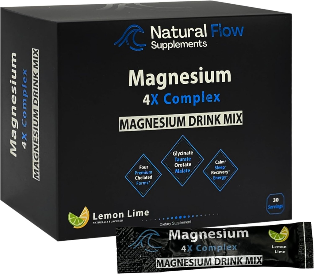Magnesium pulver drikke mix pakker - Lemon / Lime - Natural Flow 4X Magnesium Glycinat, Taurat, Malat, Oroter Supplement, rolig søvn og krampe Support Blend, Ingen Mag Citrate eller Oxide, 30 Stick Pakker
