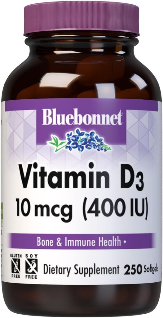 Bluebonnet Nutrition Vitamin D3 400 IE Softgels, Aids in Muscle and Skeletal Growth, Cholecalciferol from Fish Oil, Non GMO, Gluten Free, Soy Free, Dairy Free, 250 Softgels