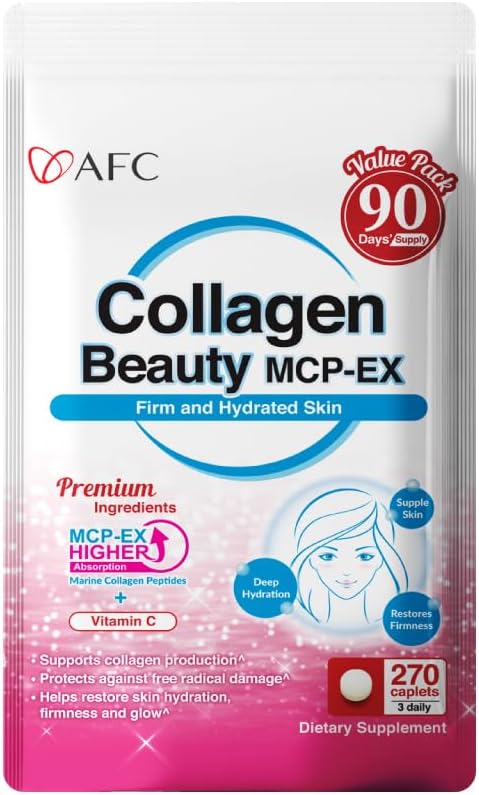 AFC Japan Collagen Beauty MCP- EX med Marine Collagen Peptid, 1,5 x bedre absorption end andre collagen, for Anti- Aging, hud, hår, negle, ben og joints, for kvinder & mænd, 90 dages forsyning