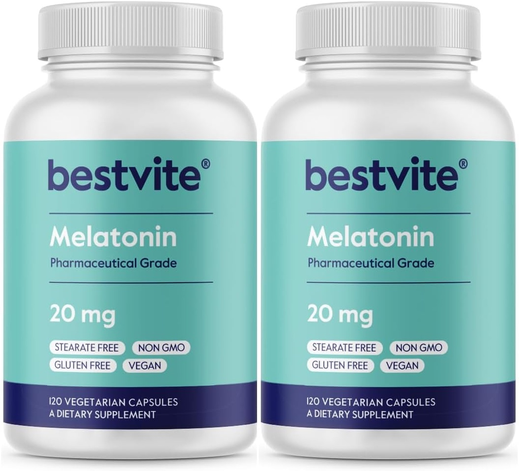 BESTVITE Melatonin 20mg (240 vegetariske kapsler) (120 x 2) - Ingen stearater - Vegan - Ikke GMO - Gluten Free
