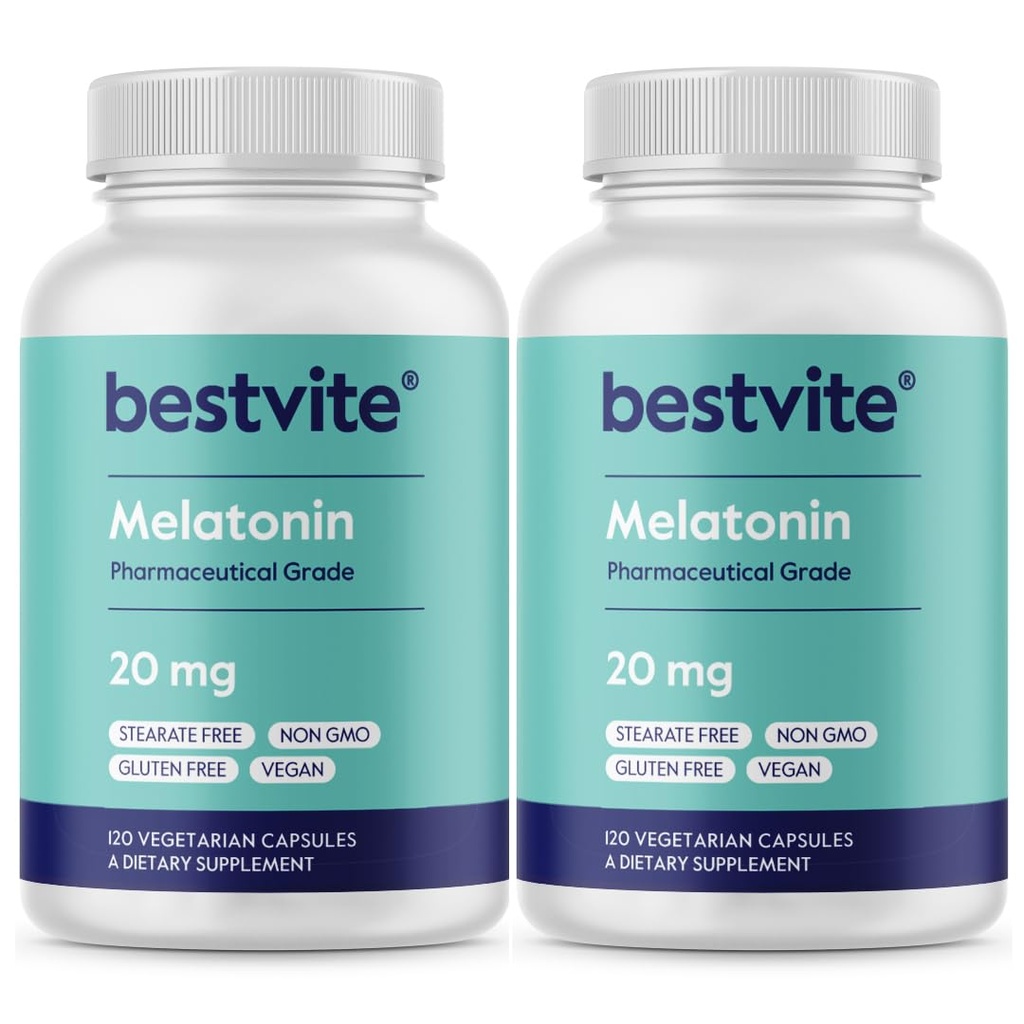 BESTVITE Melatonin 20mg (240 vegetariske kapsler) (120 x 2) - Ingen stearater - Vegan - Ikke GMO - Gluten Free