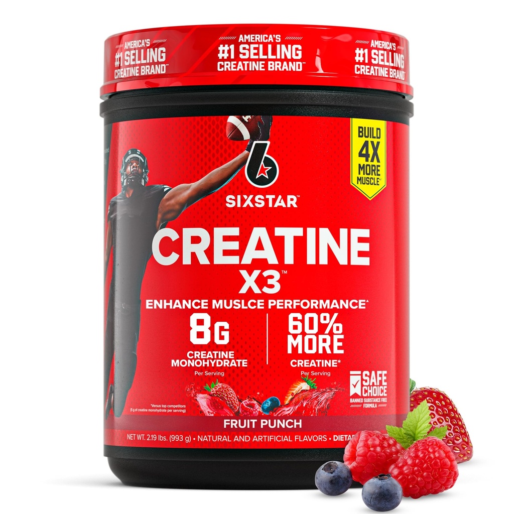 Six Star Creatinine Monohydrat Powder, X3 (Fruit Punch) - Flavored Creatin HCl Powder Monohydrat Supplement for Muscle Building & Performance - Post Workout Supplement for mænd og kvinder - 30 Servering