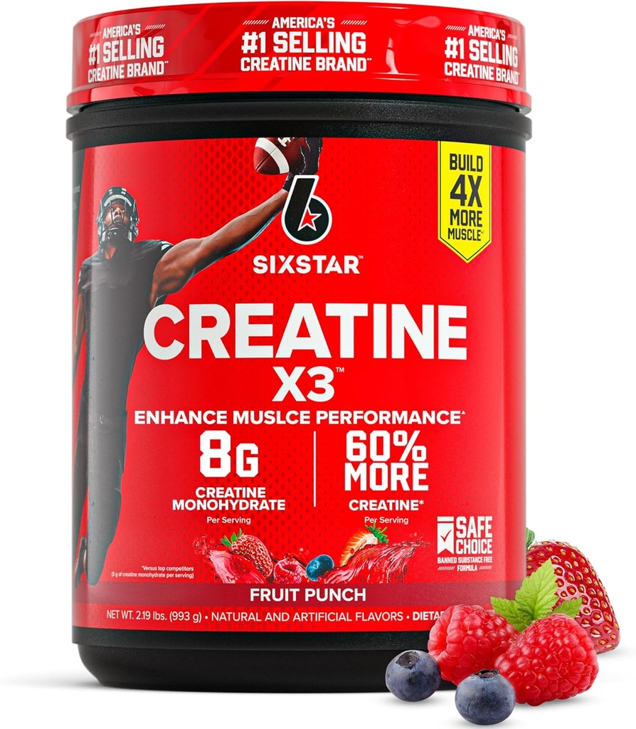 Six Star Creatinine Monohydrat Powder, X3 (Fruit Punch) - Flavored Creatin HCl Powder Monohydrat Supplement for Muscle Building & Performance - Post Workout Supplement for mænd og kvinder - 30 Servering