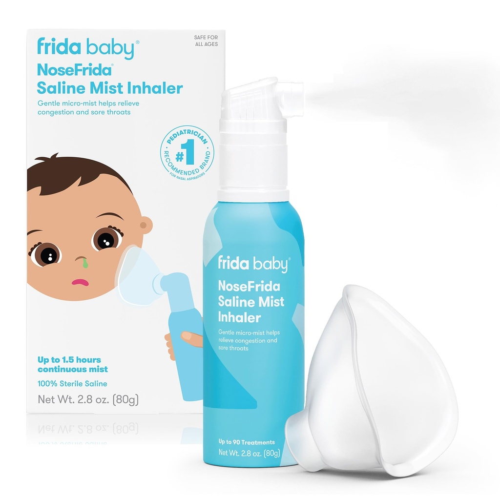 Frida Baby NoseFrida Saline Mist Nasal Inhaler, Decongestant Spray til Congestion & Allergy Relief for Babyer + Kids, Nasal Saline Spray, Soothes Stuffy Næse & Sore Hals, Inkluderer Mask