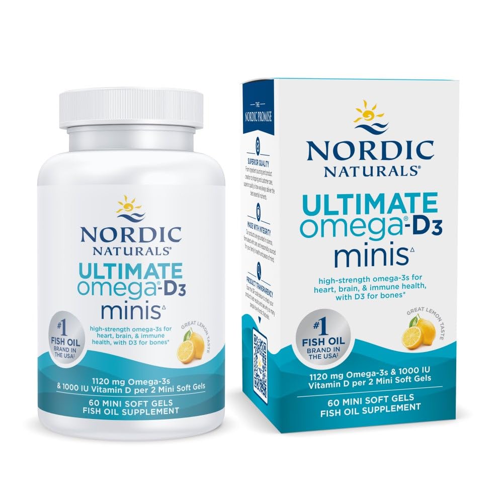Nordiske Naturals Ultimate Omega Mini D3, Lemon Flavor - 60 Mini Soft Gels - 1120 mg Omega-3 + 1000 IE D3- vitamin - EPA & DHA - fremmer hjerne & hjerte sundhed - 30 Servere