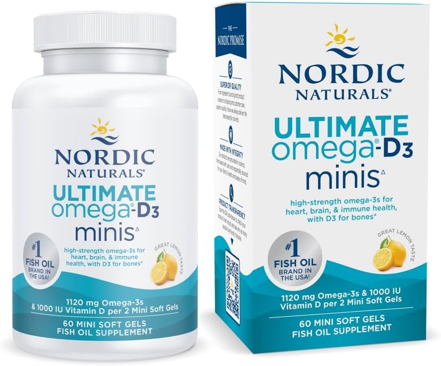 Nordiske Naturals Ultimate Omega Mini D3, Lemon Flavor - 60 Mini Soft Gels - 1120 mg Omega-3 + 1000 IE D3- vitamin - EPA & DHA - fremmer hjerne & hjerte sundhed - 30 Servere