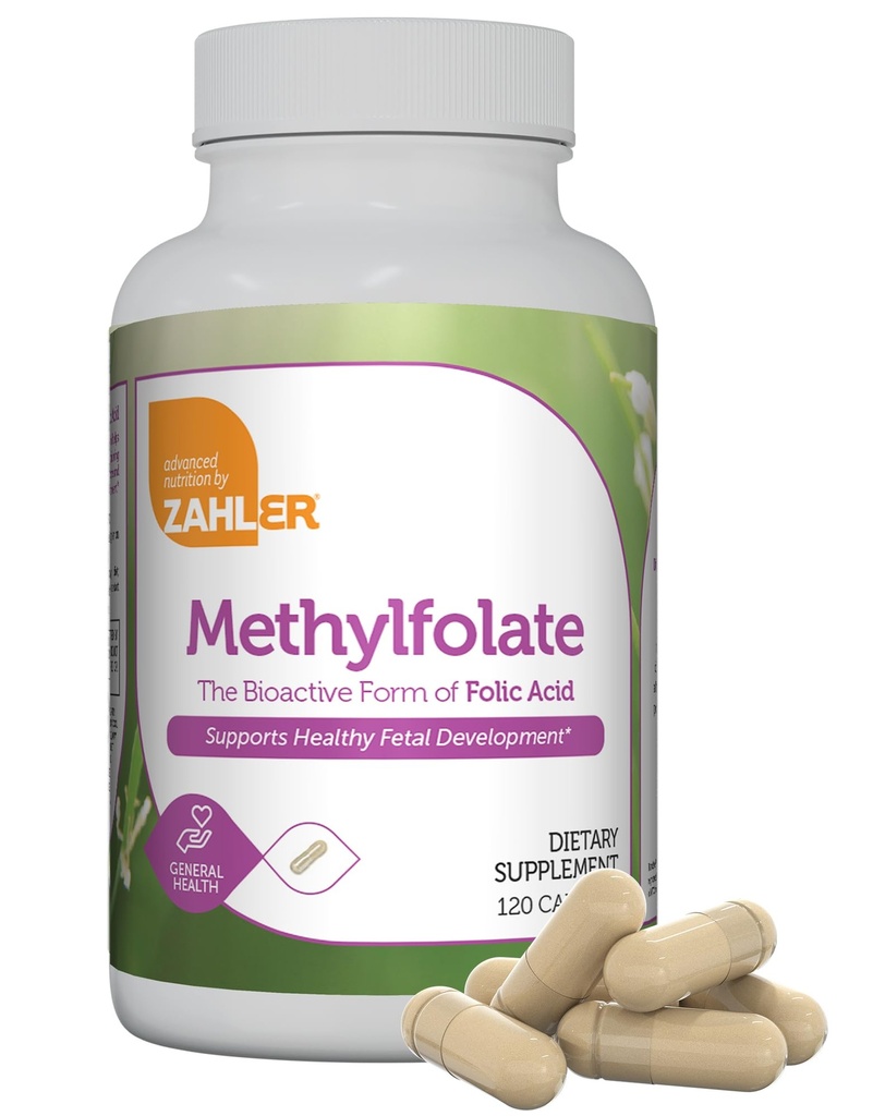 Zahler Methylfolat - Understøtter sund føtal udvikling og genetisk sundhed - Metyleret folinsyre fra 1000 mcg DFE L- Methylfolat - Kosher Non GMO methylfolat supplement for kvinder (120 kapsler)