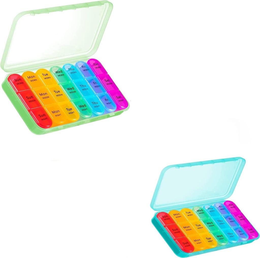 Asprink Green og Cyan 370 Pill Organizer 3 gange om dagen - Ugentlig Pill Box 3 gange om dagen, Daily Pill Box 7 dag Medicine Organizer