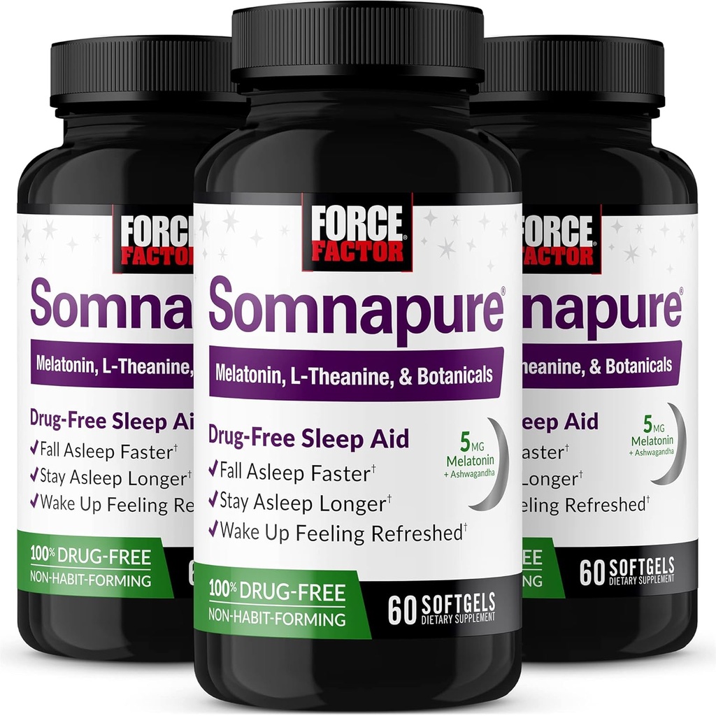 FORCE FACTOR Somnapure Softels 3- Pack Sleep Aid to Fall Asseep Hurtigere, Stay Asseep Longer, Wake Up Refreshed, Sleep Aid for Voksnes med Melatonin, Ashwagandha, Valerian Root, 180 Softgel