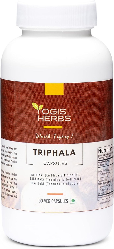 YOGIS HERBS Triphala Capsules Amalaki (Ecollica Officinalis), Bibhitaki (Terminalia Bellirica) og Haritaki (Terminalia Chebula) 90 Veg Capsules