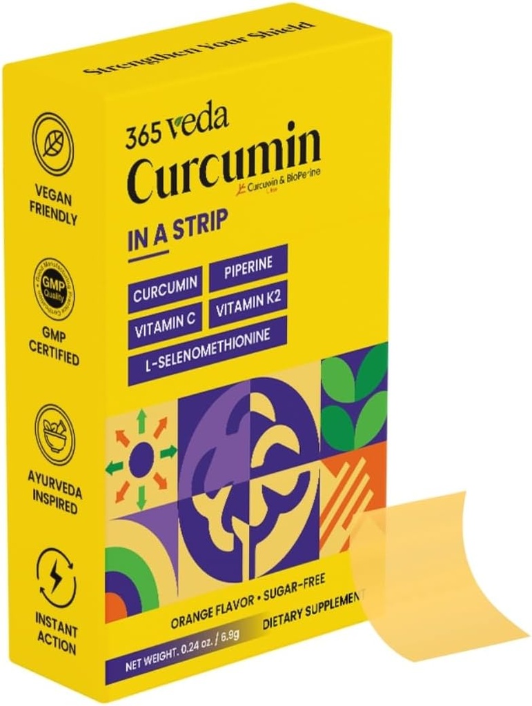 Gurkemeje Strips fra gurkemeje rodekstrakt, Piperine, C-vitamin, vitamin K2, ikke GMO, sukker fri, kan støtte lever - 30 Oral Strips (Orange)