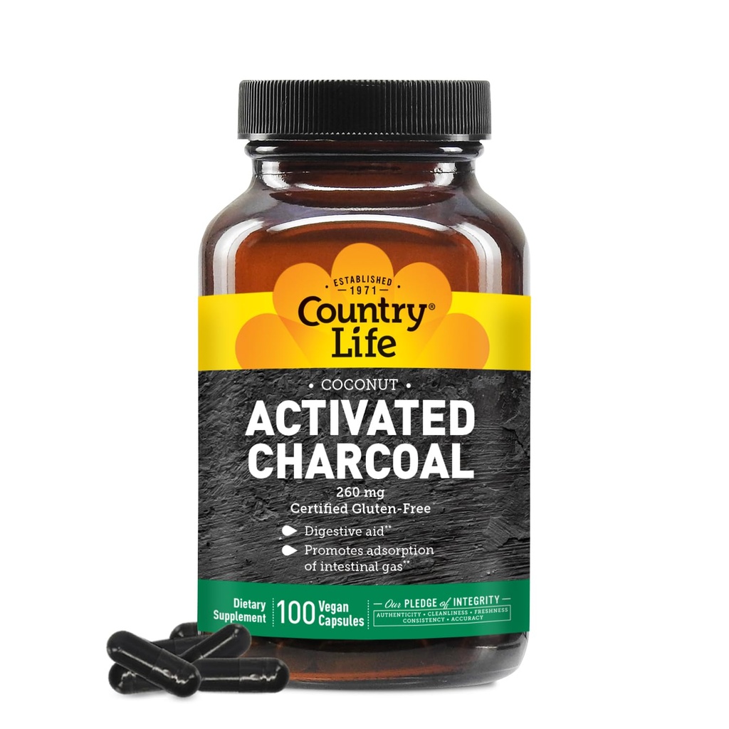 Country Life Kokos Aktiveret kul kapsler, 260mg - Natural kul supplement til gas og Bloating Relief - Glutenfri, 100 Veganske kapsler