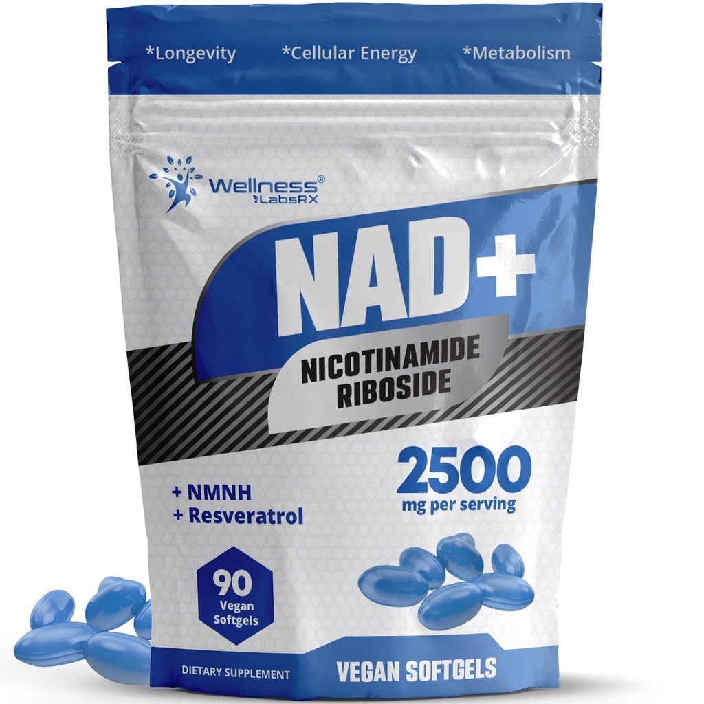 WELLENess LASSRX Liposomal NAD + Supplement - Third-Party Testet NAD Softgel Nicotinamid Riboside Resveratrol - 2500mg Liposomal NAD Kosttilskud til kvinder - Longevity Support - Made in USA