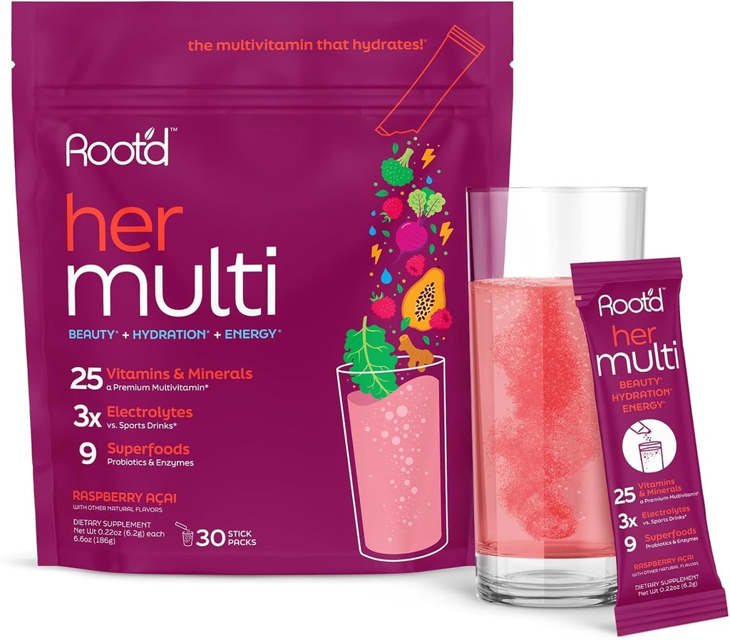 Root 'd Multivitamin Powder til kvinder - 25 vitaminer og mineraler med 3X Electrolytes, 9 Organic Superfoods, Probiotika & enzymer, Sugar- Free Multivitamin & Hydration