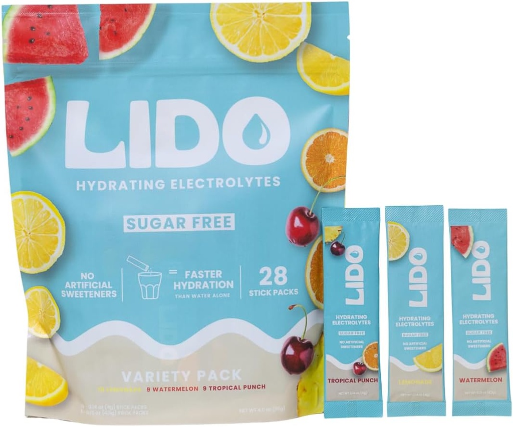 LIDO Variety Pack Electrolyte Powder Packets - Clean, Zero- Sugar Hydration Drink Mix med Balanced Sodium for Fast Replenison - Vegan, Paleo & Fasting Friendly - 28 sticks