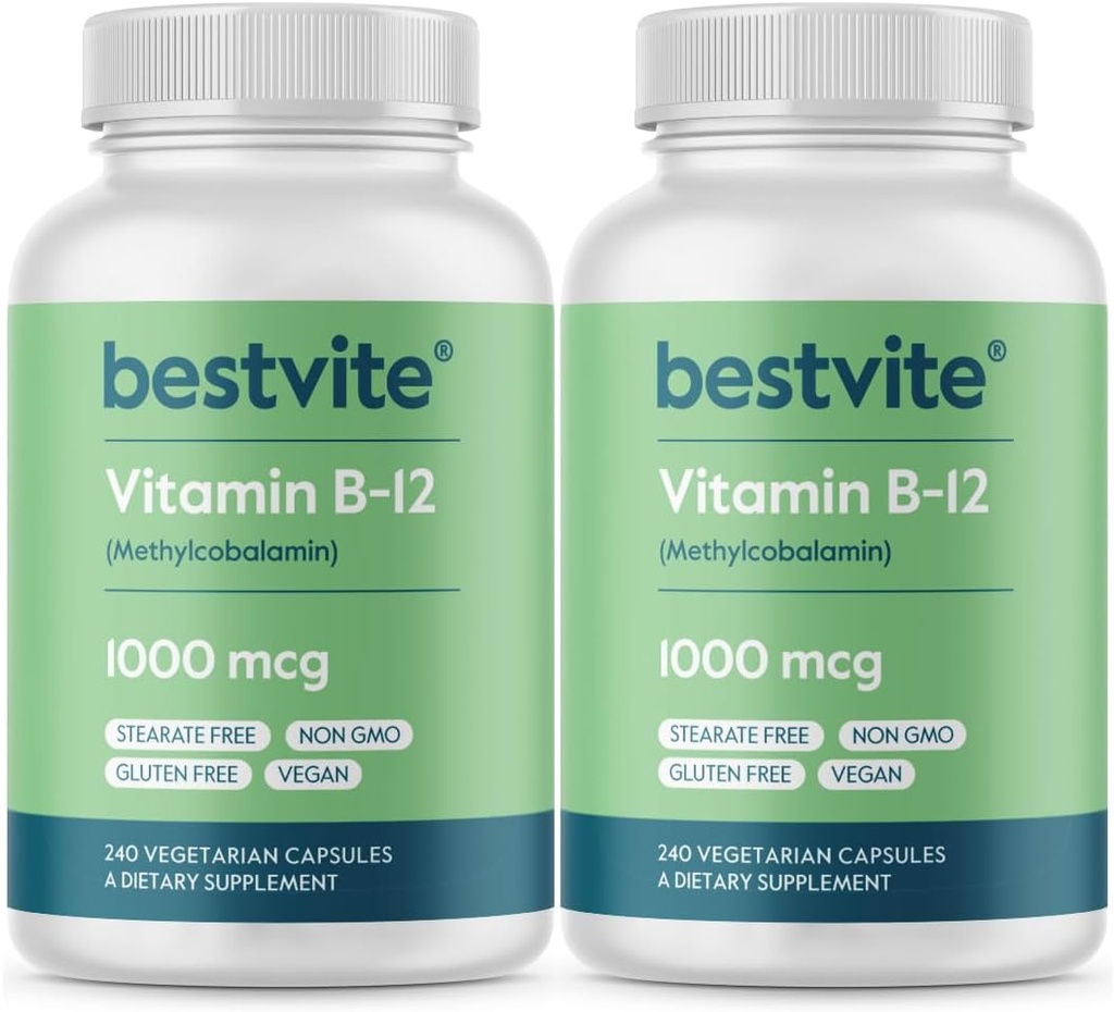 BESTVITE vitamin B12 (methylcobalamin) 1000mcg (480 Vegetariske kapsler) (2 x 240) (methyl B12) - Ingen stearater - Vegan - Ikke GMO - Gluten Free