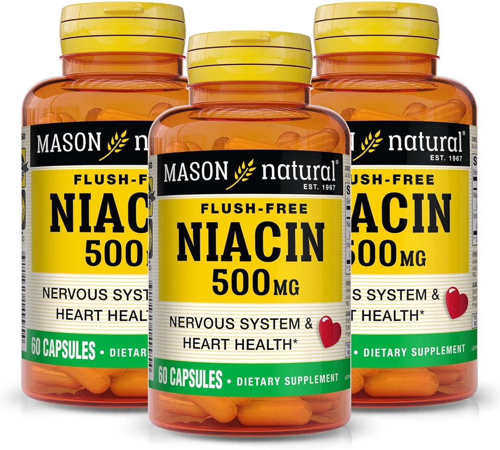MASON NATURAL Niacin 500 mg Flush- Free, Supports Heart Health, Nervesystemet & Energy Production, 60 Kapsler, pakke med 3