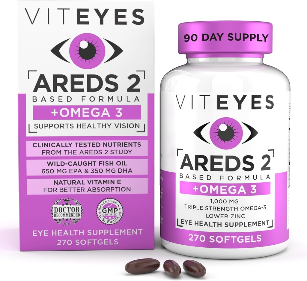 Viteyes AREDS 2 + Omega-3 Macular Support Softels, Plus Triple Strength Omega-3 (650 mg EPA, 350 mg DHA) for Heart Health & Eye Health, Eye Vitamin, Vision Supplement, 270 Softels