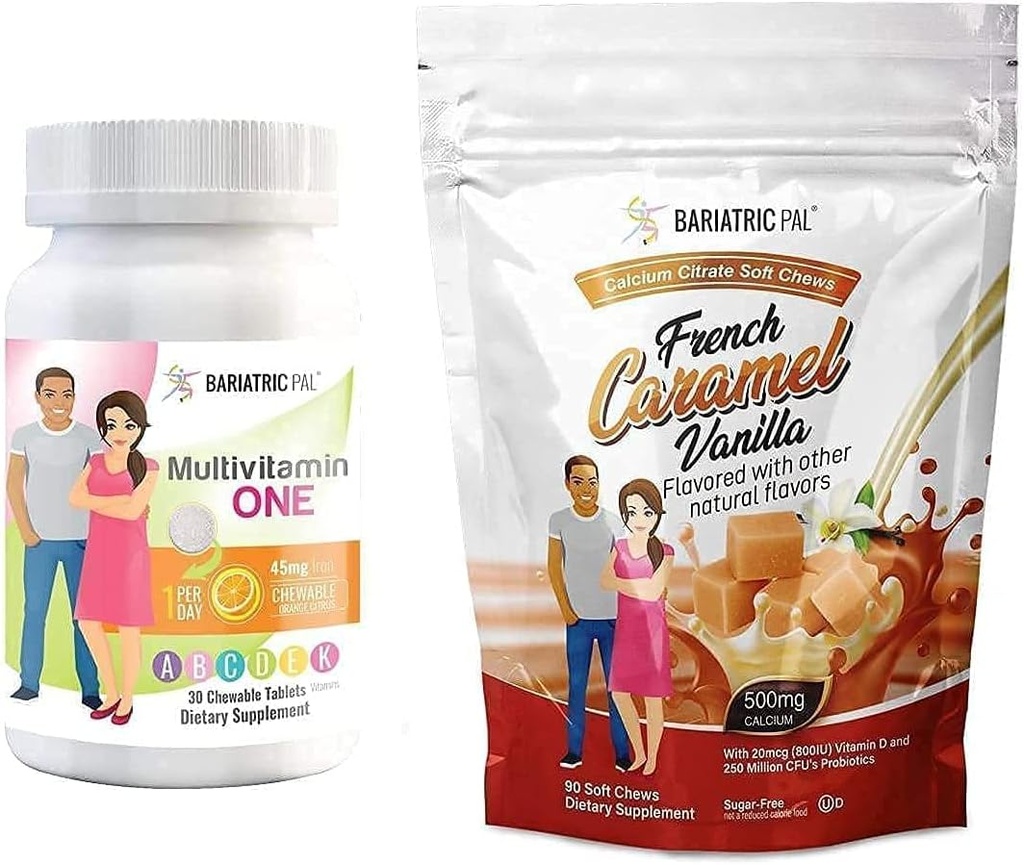 BariatricPal 30- Day Bariatric Vitamin Bundle (Multivitamin ONE 1 per dag! med 45mg Jern Chewable - Orange Citrus og Calcium Citrat Soft Chews 500mg med Probiotika - Fransk Caramel Vanilla)