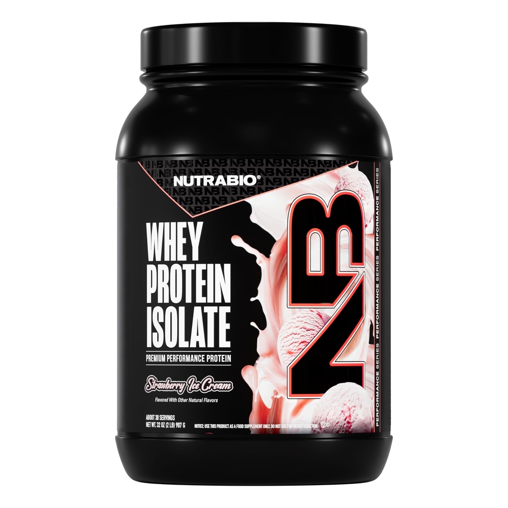 NutraBio 100% Whey Protein Isolate Protein Powder, 25g Protein med komplet Aminosyreprofil, Non- GMO, Soy & Gluten Free, Low Carb, Low Calorie Whey Protein Powder, Strawberry Ice Cream, 2 Lbs