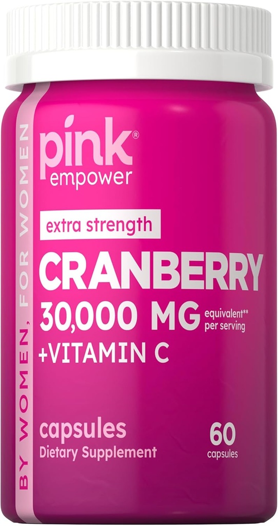 PINK Cranberry Pills til kvinder; 60 Capsules Measures 124; Plus vitamin C Measures 124; Non- GMO & Gluten Free Extract Supplement Measures 124; Understøtter Urinary Tract Health