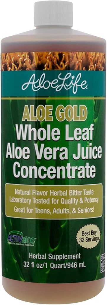 Aloe Life - Whole Leaf Aloe Vera Juice, Certified Organic, Gluten- Free (Aloe Gold, 32 oz)