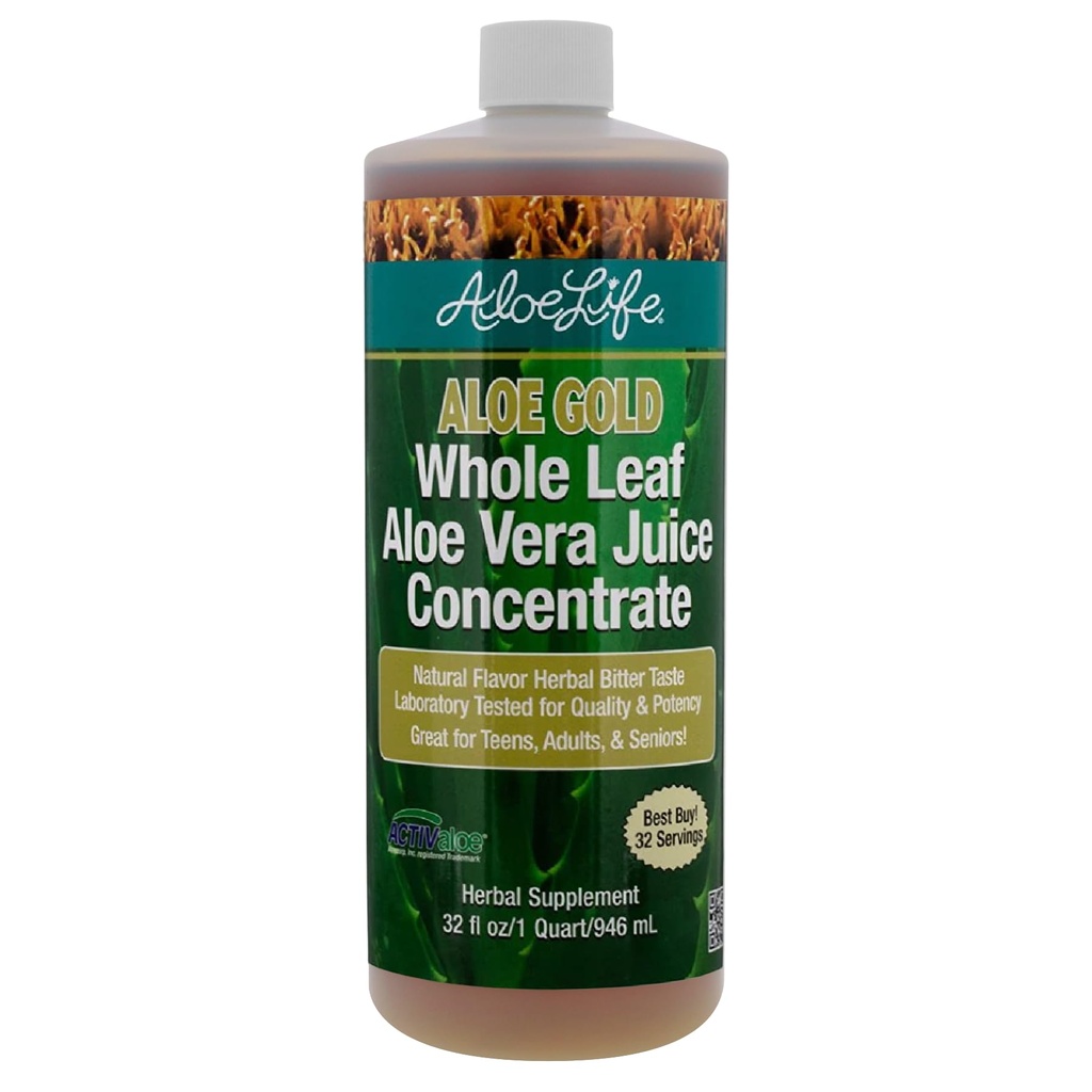Aloe Life - Whole Leaf Aloe Vera Juice, Certified Organic, Gluten- Free (Aloe Gold, 32 oz)