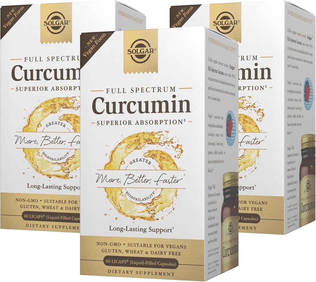 Solgar Full Spectrum Curcumin - 60 LiCaps, Pack af 3 - Superior Absorption - Brain, Joint & Immun Health - non-GMO, Vegan, Gluten Free, Dairy Free - 180 Total Servering