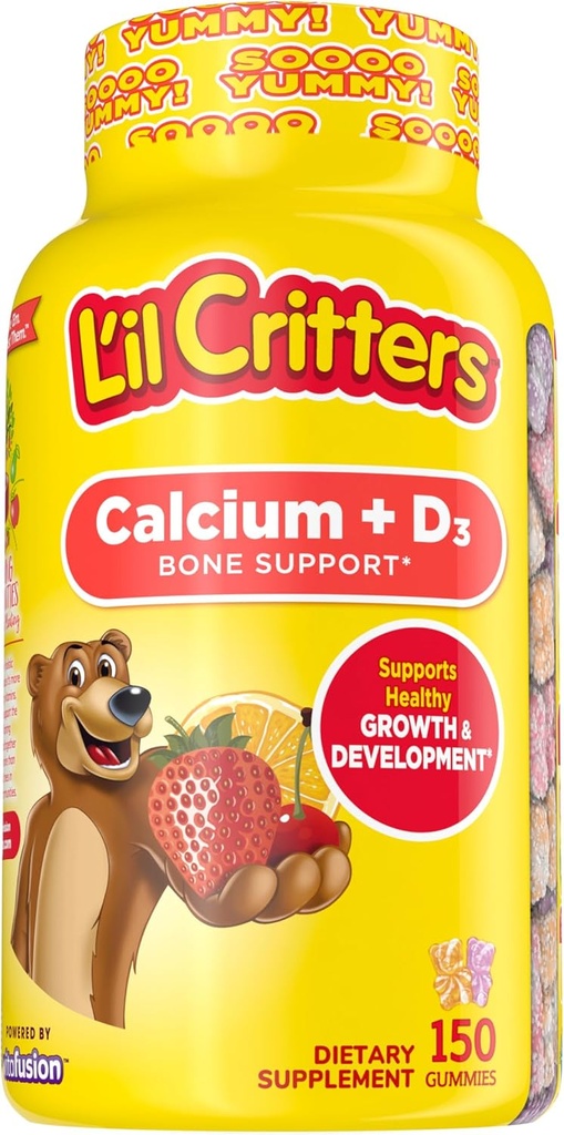 L 'il Critters Calcium + D3 Dagligt vingummi supplement til børn, for ben støtte, Orange, jordbær og kirsebær flavors, 150 gummies