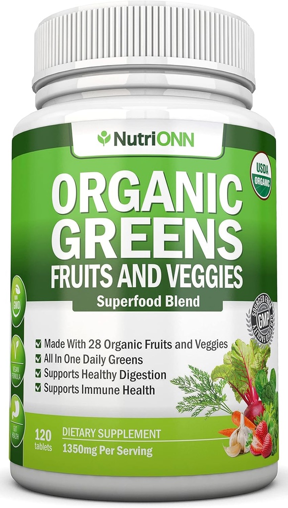Organic Super Green Kapsler - Frugt og grøntsager kosttilskud - 120 Greve - 28 USDA Organic & Vegan Premium Ingredienser - Superfood Blend For immunforsvar, fordøjelse & energi - Hele fødevarer vitaminer
