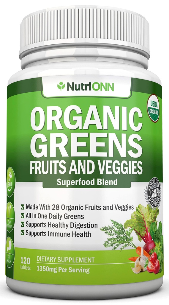 Organic Super Green Kapsler - Frugt og grøntsager kosttilskud - 120 Greve - 28 USDA Organic & Vegan Premium Ingredienser - Superfood Blend For immunforsvar, fordøjelse & energi - Hele fødevarer vitaminer