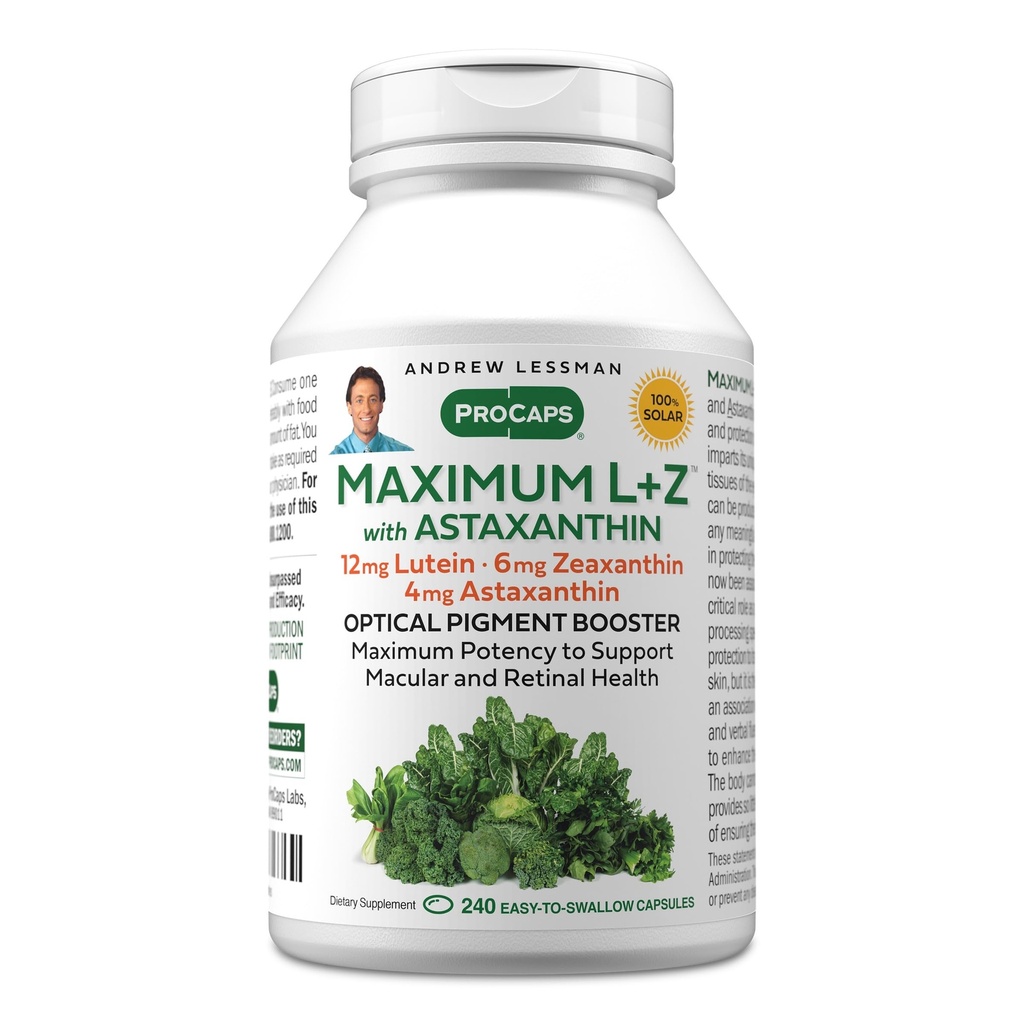 ANDREW LSSMAN Maksimum L + Z med Astaxanthin 240 Softgels - 12 mg Lutein, 6 mg Zeaxanthin, 4 mg Astaxanthin. Nøglenæringsstoffer til støtte øje og hjerne sundhed, og fremme sund vision.