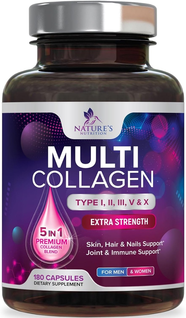Multi collagen supplement 2400 mg - type I, II, III, V & X Multi collagen peptider til kvinder & mænd, hydrolyseret collagen kosttilskud, hår, hud, negle, og fælles supporttillæg - 180 kapsler