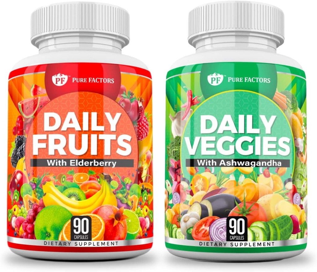 PURE FAKTORER Daglige frugter & Veggies Supplement - Superfood Ashwagandha, Elderberry, Frugt & Grøntsager Blend Budd124; Immunitet & Health Support til mænd & Kvinder; 90 Kapsler Budding124; 2-Pack